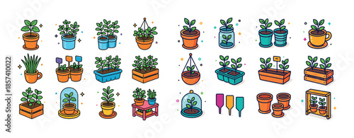 Colorful cartoon houseplants in pots and planters