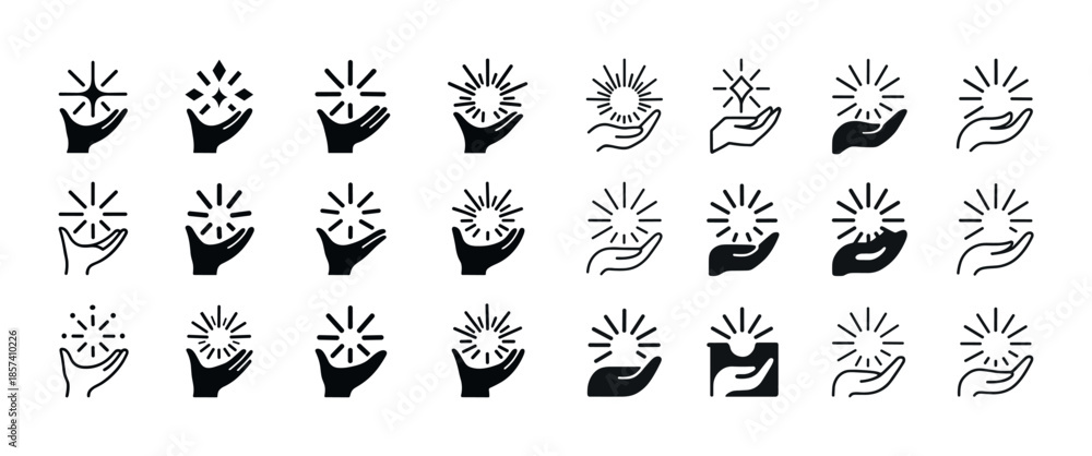 Fototapeta premium Set of hands holding sparkles icon collection in various styles