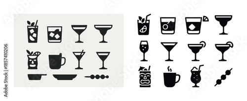 Set of cocktail and drink icons in black and white design