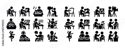 Diverse icon set of creative activities and art forms in black a