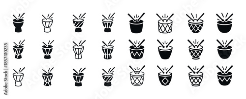 Collection of hand-drawn drum icons in black and white