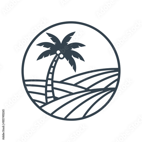 Dark blue palm tree and beach scene inside a circle sand waves