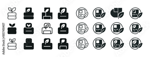 Sustainable agriculture icon set: seedlings, leaves, technology