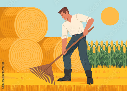 A farmer is depicted raking hay with bales stacked in the background, embodying hard work and connection to nature, symbolizing agricultural life and rural landscapes.