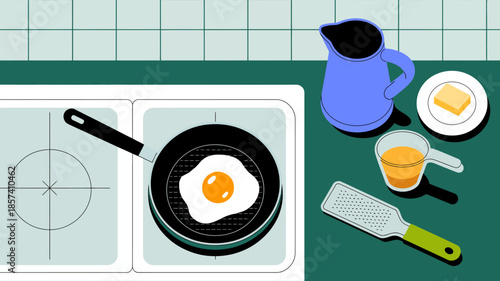 A delicious fried egg sizzles in a skillet on a modern stove, illustrating the essence of cooking and the joy of preparing a hearty breakfast in a contemporary kitchen.