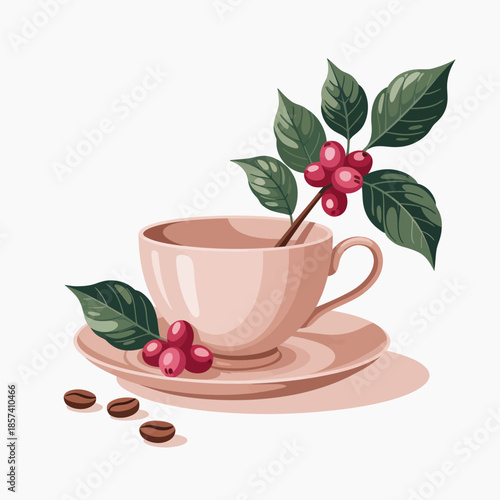 An elegant illustration of a coffee cup accompanied by coffee beans and coffee plant branches, showcasing the beauty and richness of coffee culture.