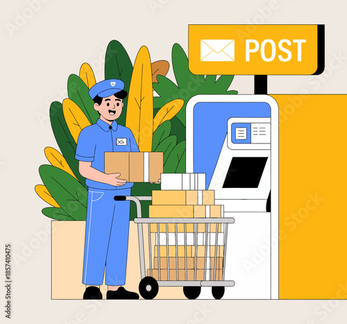 A cheerful postman stands next to a modern post box, showcasing the convenience of parcel services and an organized delivery process in a lush, green environment.