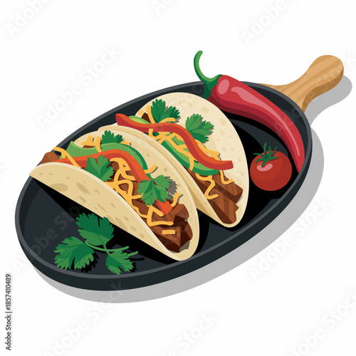 This appetizing image features a pair of tacos artfully arranged on a sizzling skillet, garnished with fresh veggies, embodying the rich flavors of Mexican cuisine.
