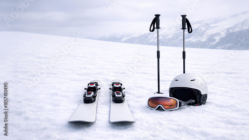 Winter sports gear arranged on snowy mountain slope