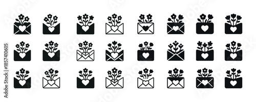 Black and white floral envelopes with hearts - decorative icon s