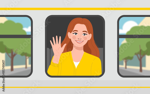 A warm illustration of a smiling woman waving from a train window, representing the joy of travel, connection, and new adventures on the journey ahead.