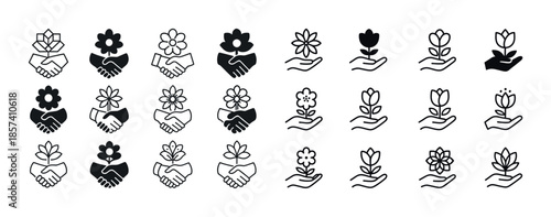 Black and white flower and hand icons displaying floral diversit