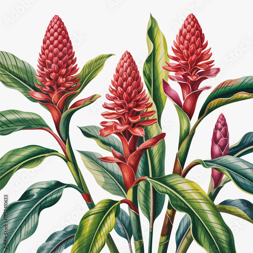 A stunning depiction of vibrant red ginger flowers surrounded by lush green leaves, illustrating the beauty of nature and the elegance of tropical flora.