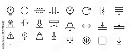 Minimalist industrial icons: gauges, arrows, and caution symbols
