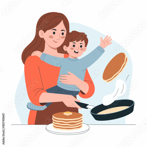 A warm, heartwarming scene featuring a mother and child joyfully cooking pancakes, celebrating the bonding moments of family and the delight of homemade breakfast.