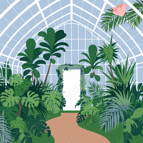 A serene greenhouse brimming with lush tropical plants, featuring vibrant greenery and a white door inviting exploration into a natural oasis.