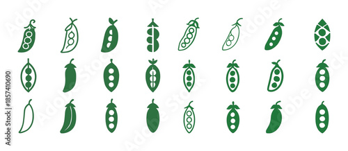Collection of green pea pod icons with different designs in rows