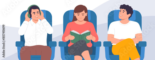 A cozy illustration depicts airplane passengers, each engaged in their own activity, showcasing the comfort and relaxation experienced during flights.