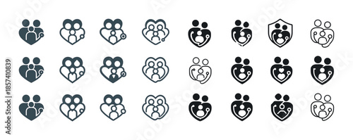 Set of family icons with heart and shield variations
