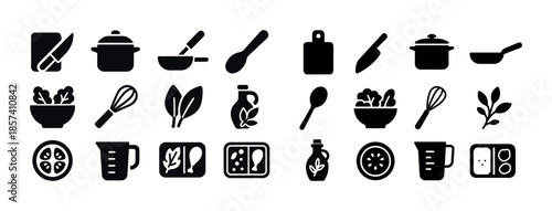 Collection of kitchen and cooking icons in black silhouette styl