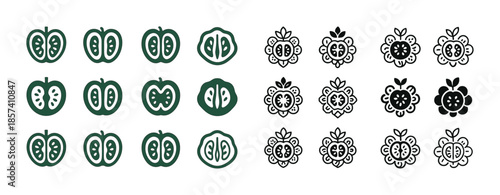 Set of decorative fruit icons in green and black styles