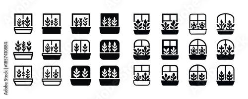 Black and white window plant icons set
