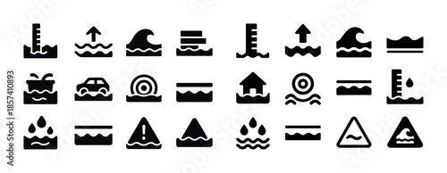 Set of flood warning icons including water levels and safety sym