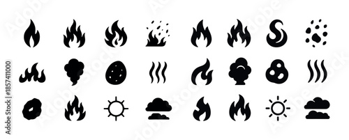 Collection of fire, smoke, and weather icon set with sun and clo