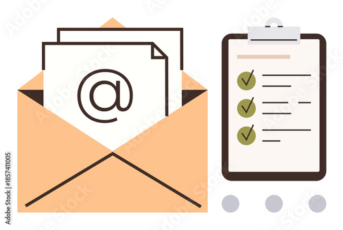 Open envelope with letters featuring email at-sign next to a clipboard checklist with green checkmarks. Ideal for communication, productivity, task planning, organization, email marketing, workflow