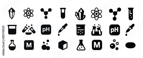 Science icon set: chemistry, physics, lab equipment, molecule, a