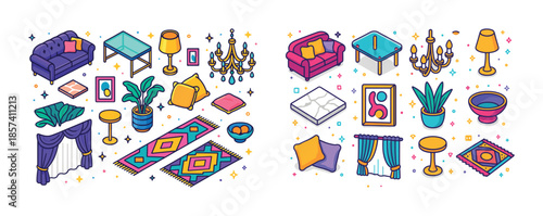 Colorful home decor collection featuring furniture and accessori