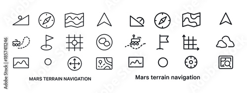 Mars terrain navigation icons: compasses, rovers, flags, maps, a