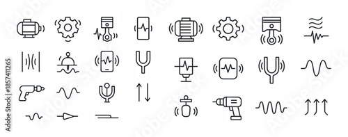Mechanical and sound engineering icons set with motors and waves