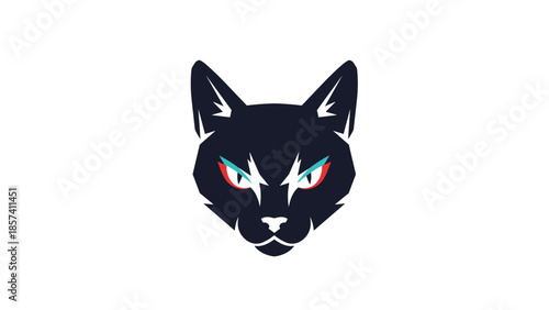 Black Cat Face Illustration with Green Eyes.