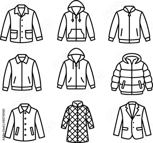 Winter outerwear line icon collection featuring jackets, coats, hoodies, quilted designs, warm clothing illustrations, minimalist fashion outline apparel set