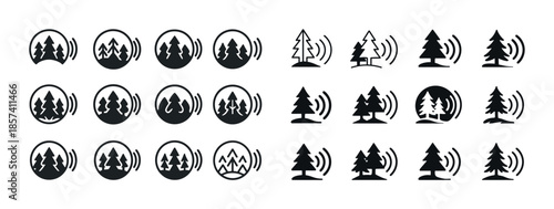 Monochrome tree and sound wave icon set for environmental themes