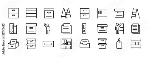 Set of office organization icons: cabinets, boxes, folders, ladd