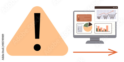 Warning sign linked to a data dashboard displaying charts, graphs, and analytics tools. Ideal for risk assessment, business strategy, caution, data analysis, decision-making, monitoring simple flat