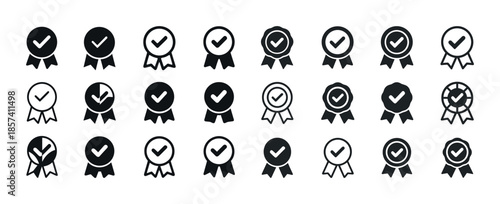Set of checkmark award badges with ribbons in various shapes and