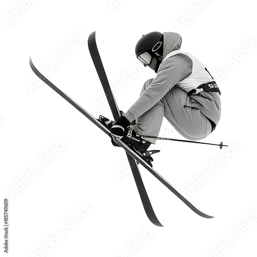 Freestyle skier executing an aerial flip, demonstrating extreme sports skill, airborne control, and dynamic winter action on a transparent background.