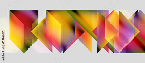 Abstract geometric shapes blend vibrant colors. Gradient transitions create dynamic visual texture, modern design.