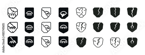 Abstract broken shield icons collection in black and white