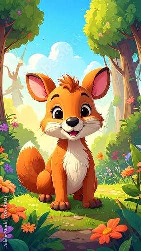 Cute, cartoon fox with big eyes sits in a sunny forest clearing with wildflowers. Bright, colorful, whimsical scene