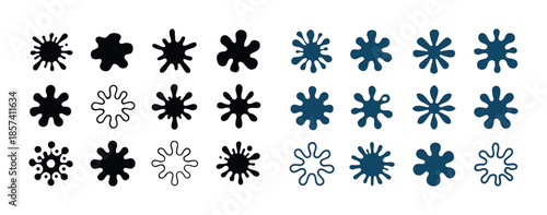 Collection of black and blue ink splatter shapes in various styl