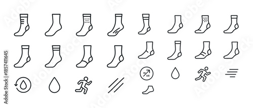 Variety of sock icons with symbols for moisture wicking and acti