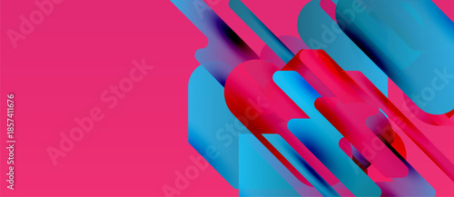 Abstract vibrant design. Pink background contrasts with blue, red shapes. Modern aesthetic, fluid forms create dynamic composition.