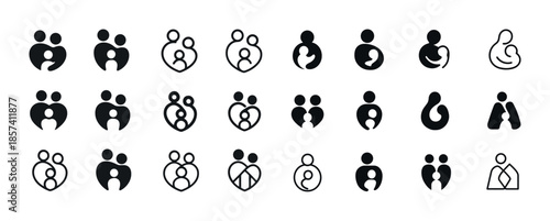 Minimalist parent-child icons collection in black and white