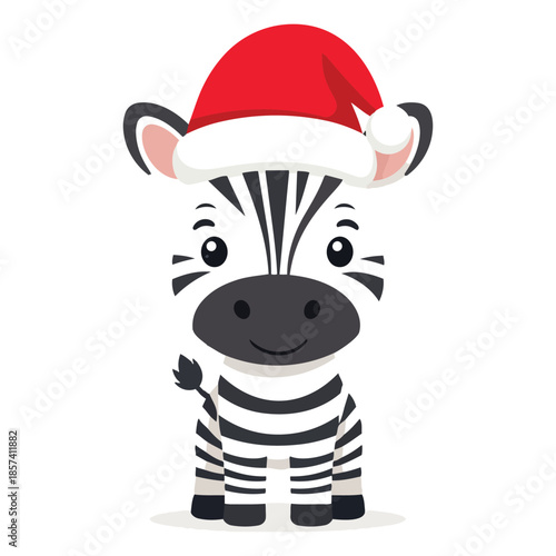 Cute animal icon of a baby zebra wearing a festive red Santa Claus hat, perfect flat vector design illustration for winter holiday greeting cards and Christmas celebration decorations, charming