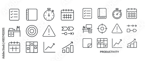 Productivity icons set: timers, graphs, calendars, desks for eff