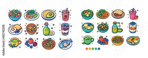 Colorful collection of healthy food and drinks including salads,